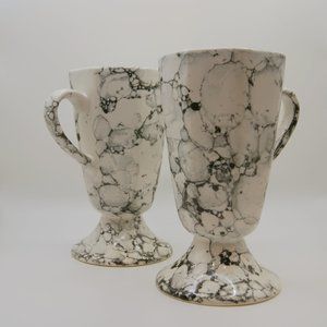 Black and White Pair of Marbled Glazed Coffee Tea Latte Mugs Cups